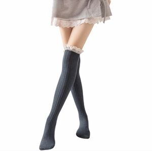 Over The Knee Charcoal Gray Boot Socks Slouch Lace Trim Sexy Grey Thigh High OTK